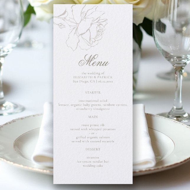Menu Rosas Formal Moderno Clássico Pérola Elegante Casa (ethereal wedding theme white table menu formal traditional modern classic floral roses elevated)