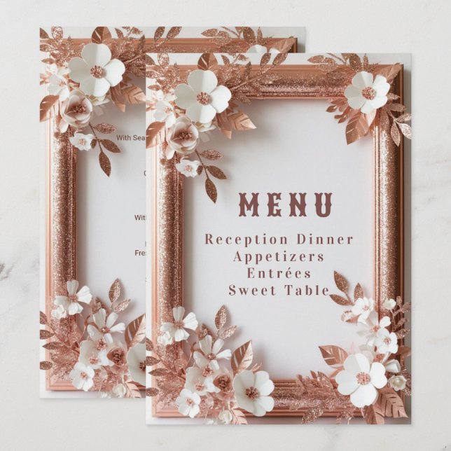 Menu 💍 Rosas Pêssego Dourado Rosa Decoração de Casamen (Frente/Verso)