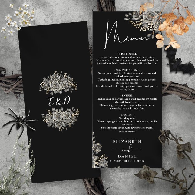 Menu Rosas Pretas E Brancas Jantar De Casamento Floral  (Black And White Roses Floral Gothic Wedding Dinner Menu)