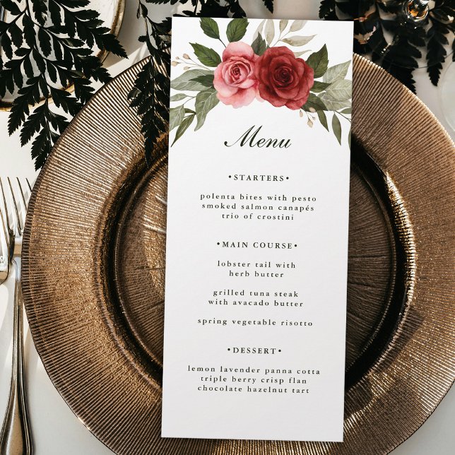 Menu Rosas Românticas em Aquarela Casamento Branco e Sa (Criador carregado)