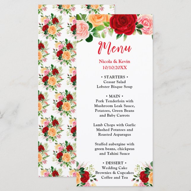 Menu Rosas Românticas Florais Casamento Vermelho e Lara (Frente/Verso)