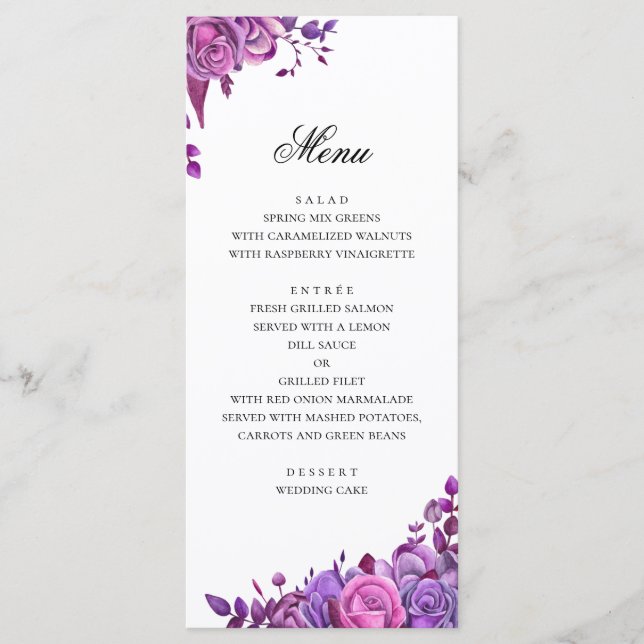 Menu Rosas rosa e roxo. Casamento floral aquarela (Frente)