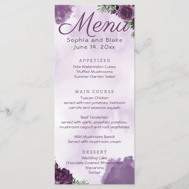 Menu Rosas Roxos Escuros Casamento Gótico Floral (Frente)