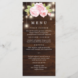 Menu Rosas Rustic Wood String Lights Casamento