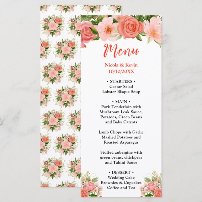 Menu Rosas Vermelhas Corais com Folhagem (Frente/Verso)