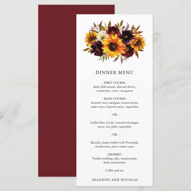 Menu Rosas Vermelhas de Outono Roxas Girassol Casamento (Frente/Verso)