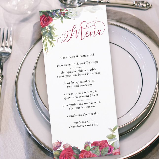 Menu Rosas vermelhas Elegantes de Caligrafia e Eucalypt (Menu with personalized message on the back. Floral red rose design with elegant calligraphy)