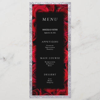 Menu Rosas Vermelhas Falso Prata Preto Luxo Casamento