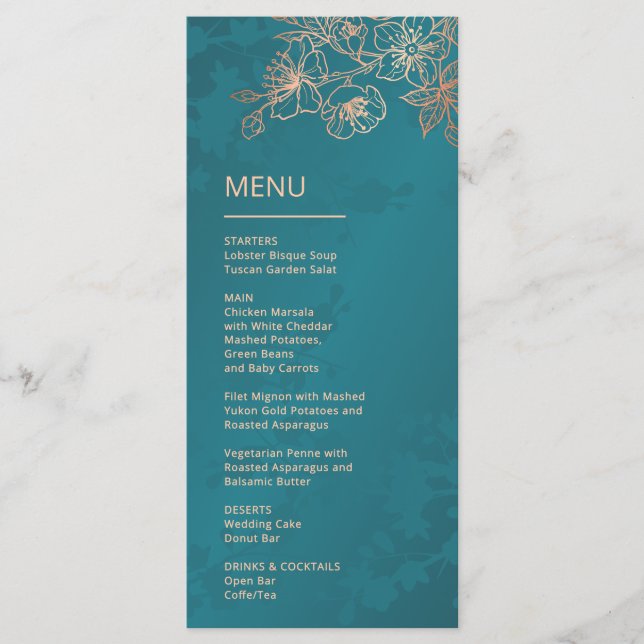 Menu Rose Gold Teal Floral Line Art Wedding (Frente)
