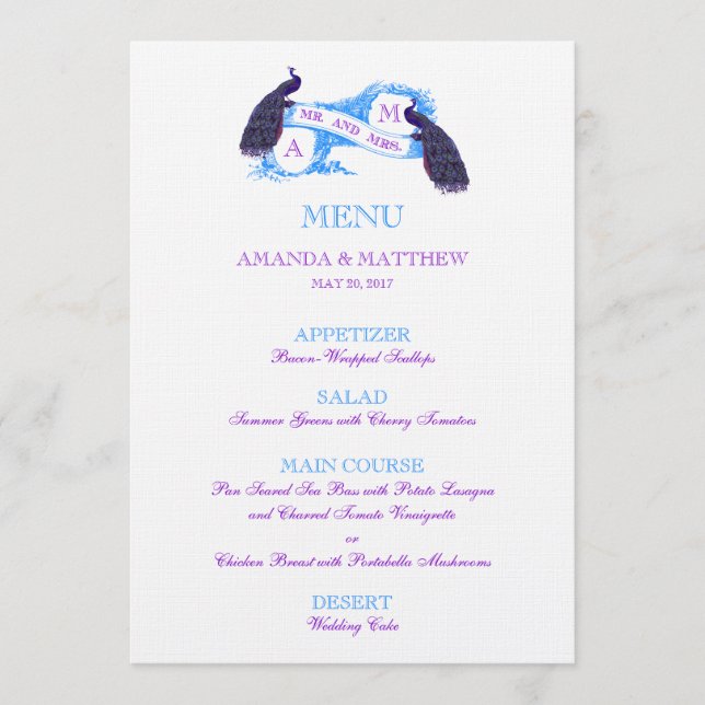 Menu roxo, azul do casamento do pavão (Frente)