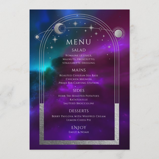 Menu Roxo Cósmico Prata Teal Sun Lua Stars Casamento (Frente)