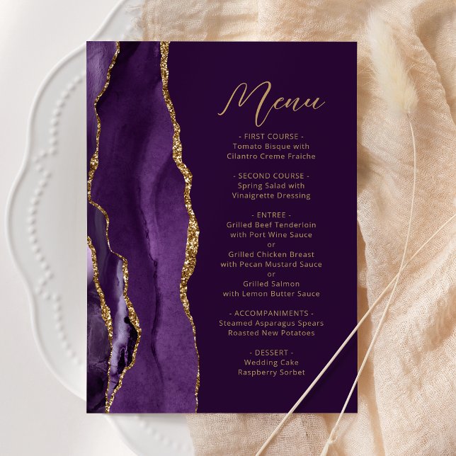 Menu Roxo Dourado Ágata Moderno Script Ameixa Casamento (Criador carregado)