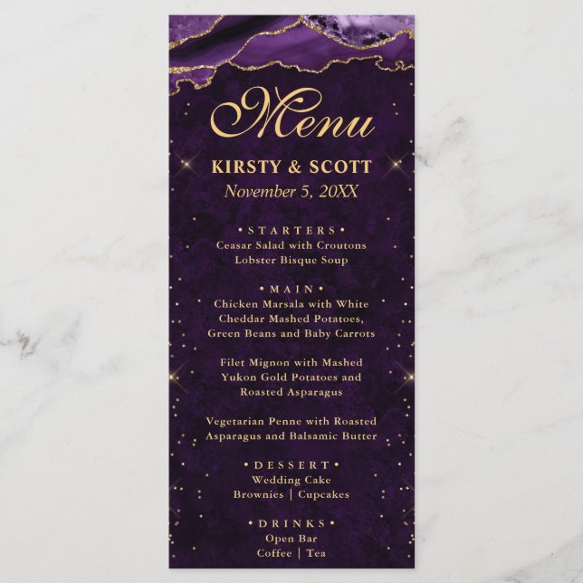 Menu Roxo e Dourado Falso Brilho Ágata Casamento (Frente)