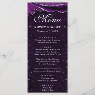 Menu Roxo e Prata Casamento de Ágata Falso Brilho
