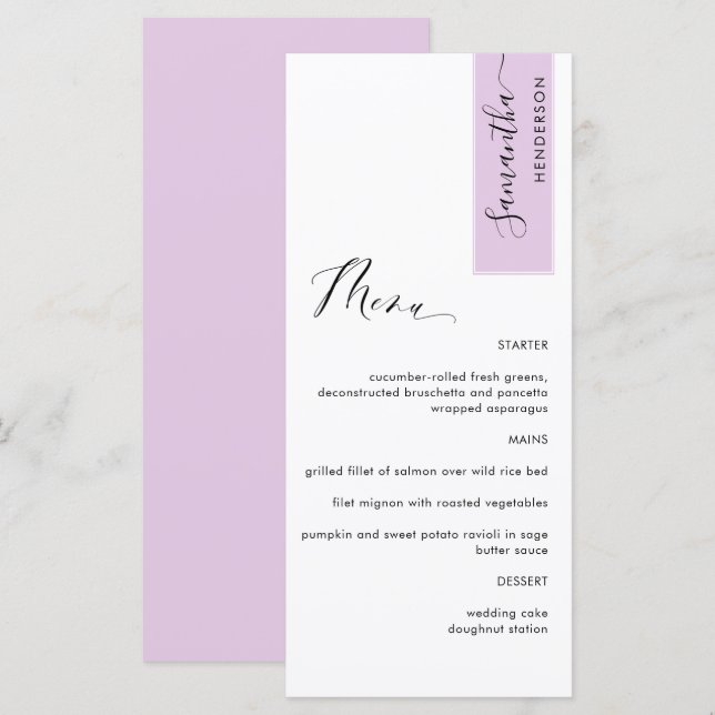 Menu Roxo Lilás Personalizado com Nome do Convidado Ele (Frente/Verso)