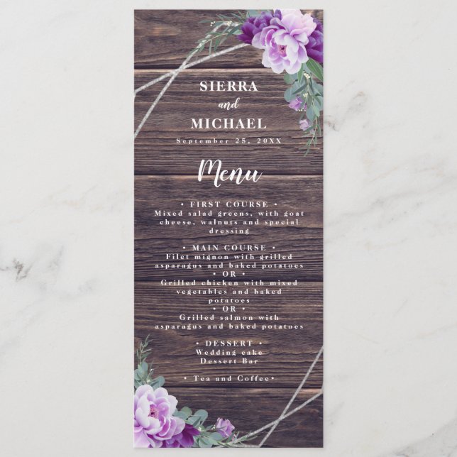 Menu Roxo Russo e Recepção de casamento Floral Prateada (Frente)