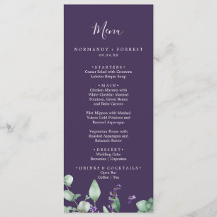 Menu roxo rústico do comensal de casamento da