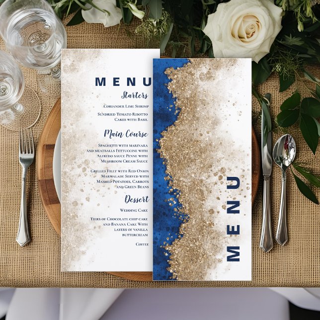 Menu Royal Blue Gold Formal Luxury Wedding Reception  (Royal Blue Gold Wedding Menu Card | Elegant Blue and Gold Reception Menu)