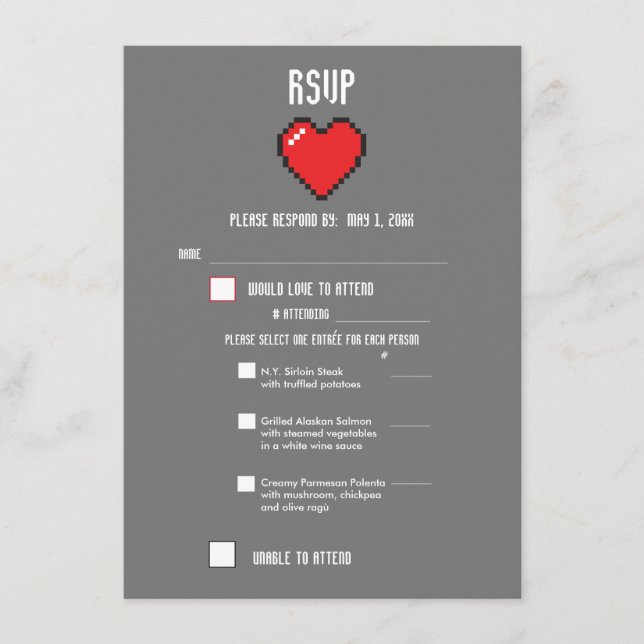 Menu RSVP de 8 BIT para Geek Gamer Wedding (Frente)