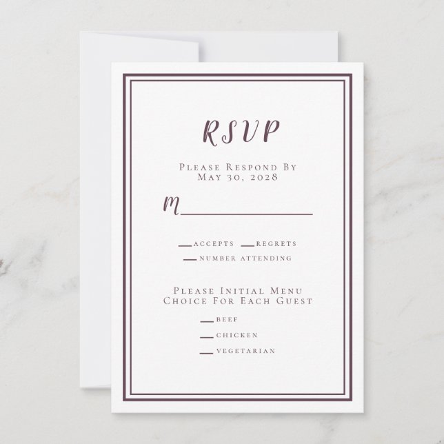 Menu RSVP de Casamento Minimalista Branco Roxo (Frente)