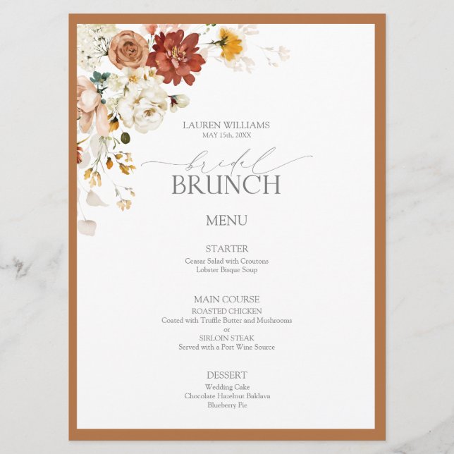 Menu Rust Orange Watercolor Bridal Botânica Brunch (Frente)