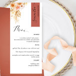 Menu Rusta e Pêssego Personalizados com o Nome de Convi<br><div class="desc">Porquê gastar cartões de lugar e cartões de menu quando pode ter um Menu elegante All-in-one personalizado com cada nome de convidado! Design contemporâneo, simples e elegante com detalhes florais de cor d'água refinados numa bela mistura de pêssego, laranja, escamudo, coral empoeirado, creme e tons de champanhe. Elementos modernos de...</div>