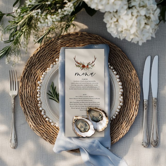Menu Rustic Antler Floral Wedding Boho Woodland (Criador carregado)