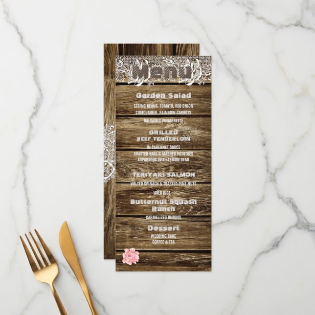Menu Rustic Barn Wood & Lace Weding (Frente/Verso In Situ)