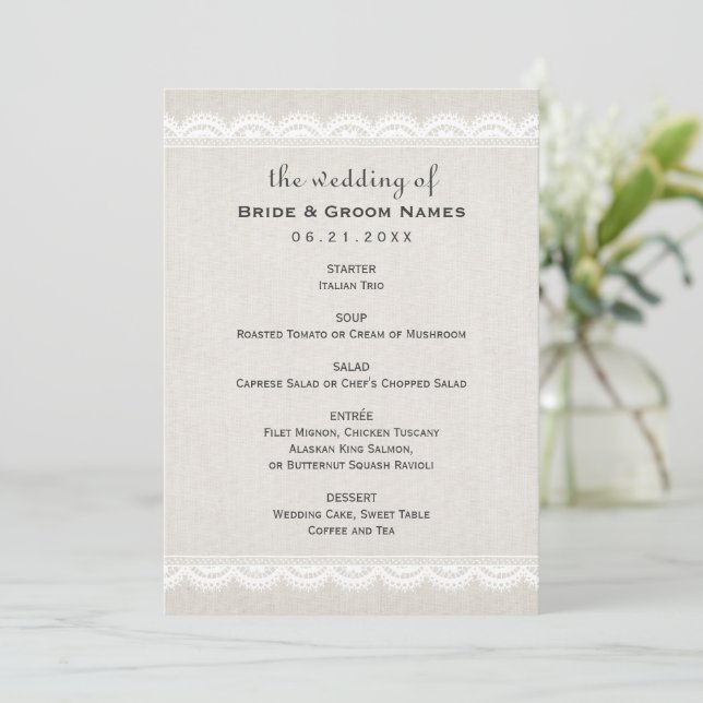 Menu Rustic Beige Linen e Lace Wedding (Em pé/Frente)