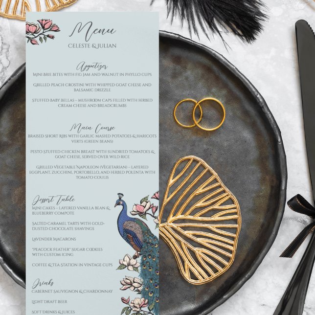 Menu Rustic Blue Floral Peacock Bird (Rustic Elegant Blue Peacock Chinoiserie Wedding Menu for Wedding, Bridal Shower, Rehearsal Dinner.)