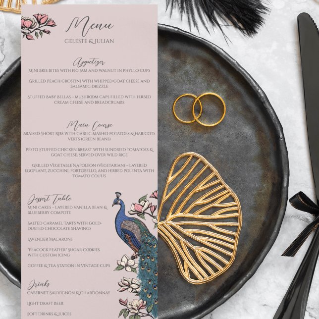 Menu Rustic Blush Floral Pink Floral Bird Weding M (Rustic Blush Pink Peacock Chinoiserie Wedding Menu for Wedding, Bridal Shower, Rehearsal Dinner.)