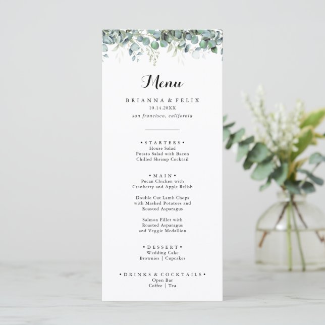 Menu Rustic Botanical Eucalyptus Greenery Wedding (Em pé/Frente)