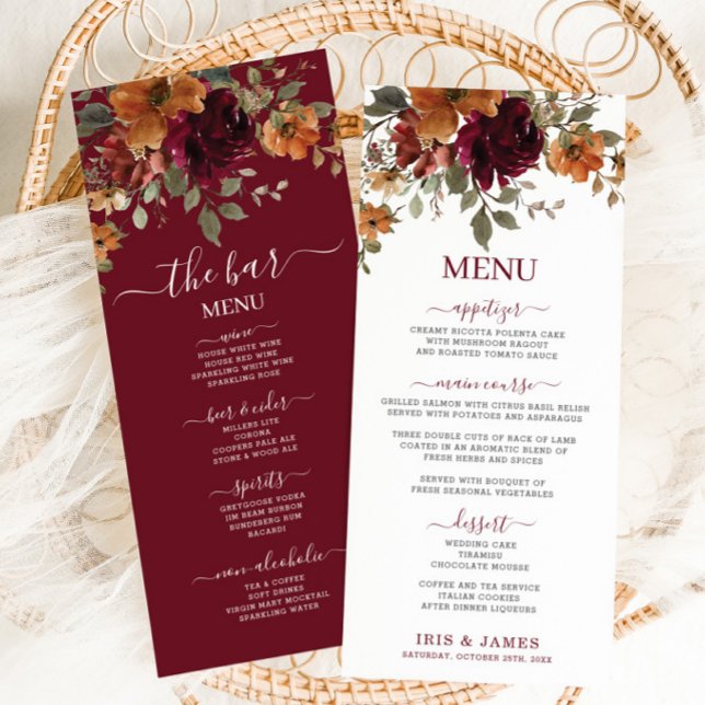 Menu Rustic Burgundy Burnt Orange Floral Casamento (Criador carregado)