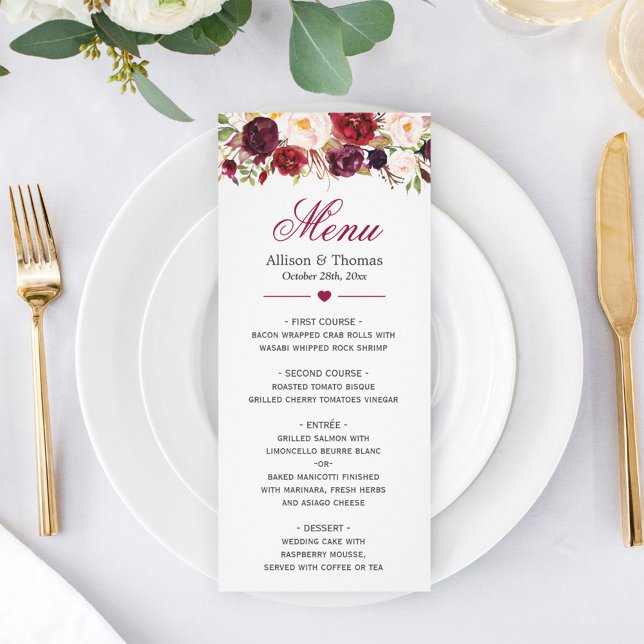 Menu Rustic Burgundy Marsala Red Floral Casamento (Criador carregado)