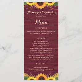 Menu Rustic Burgundy Wood Lights Lace Sunflower Casamen