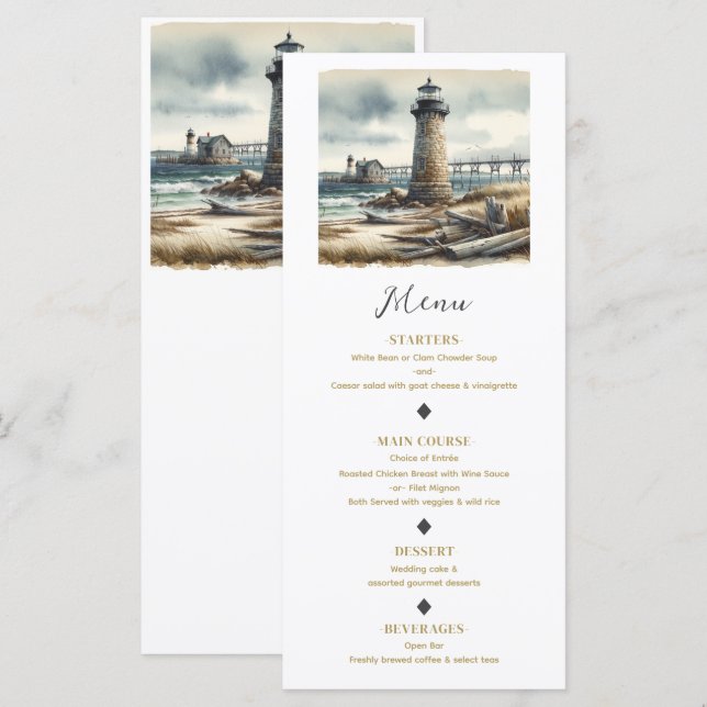Menu Rustic Coastal Lighthouse Seaside Beach (Frente/Verso)