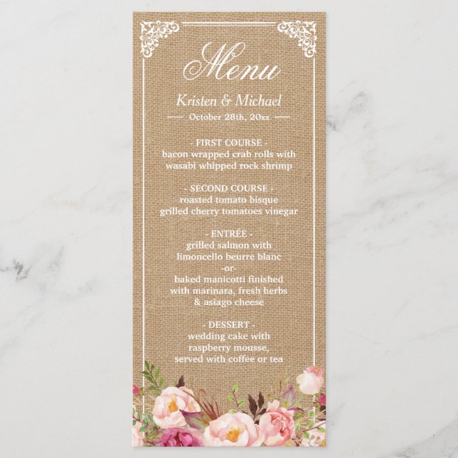 Menu Rustic Country Wedding Vintage Burlap Floral (Frente)