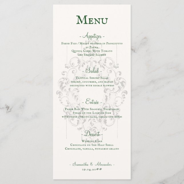Menu Rustic Crest Ivory Emerald Green Casamento Gótico (Frente)