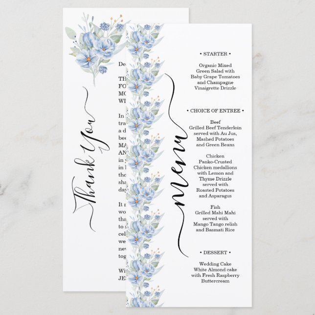 Menu rustic dusty blue watercolor flowers & leaves (Frente/Verso)