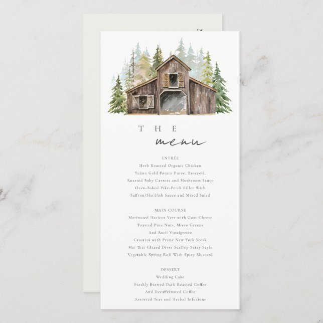 Menu Rustic Elegant Pine Forest Barnyard Casamento (Frente/Verso)