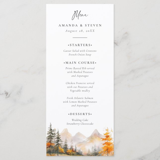 Menu Rustic Fall Mountain Pine Forest Wedding (Frente)