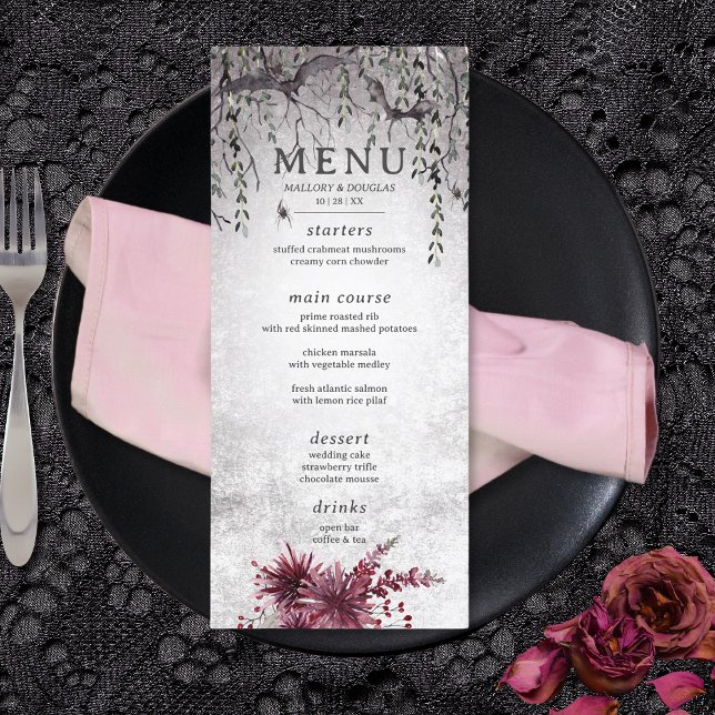 Menu Rustic Gótica Black & Burgundy Halloween Longo (Rustic Gothic Black & Burgundy Halloween Wedding Long Menu)