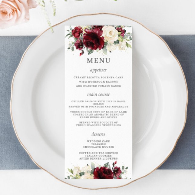 Menu Rustic Ivory Burgundy Floral Casamento (Criador carregado)