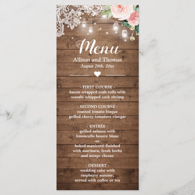 Menu Rustic Mason Jar Lights Blush Floral Lace Casament (Frente)