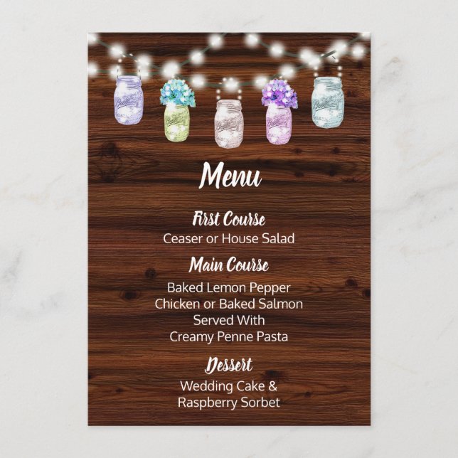 Menu Rustic Mason Jar With Lights WedMenu (Frente)