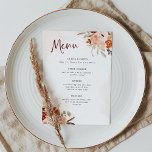 Menu Rustic Orange Boho | Casamento branco de aquarela<br><div class="desc">Esses lindos e românticos menus de casamento apresentam estilo de moda e elegante caligrafia de burgundy. Buquês boêmicos russos de laranja,  pêssego,  pincel,  flores esticadas e folhas botânicas neutras decoram os cantos,  com salpicos sutis de aquarela em fundo branco com salpicos de aquarela suaves.</div>