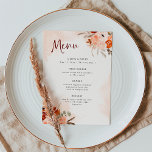 Menu Rustic Orange Boho | Casamento com Blush Watercolo<br><div class="desc">Esses lindos e românticos menus de casamento apresentam estilo de moda e elegante caligrafia de burgundy. Buquês boêmicos russos de laranja,  pêssego,  pincel,  flores esticadas e folhas botânicas neutras decoram os cantos,  combinando sutis cinzas de aquarela em um fundo de pincel mole.</div>