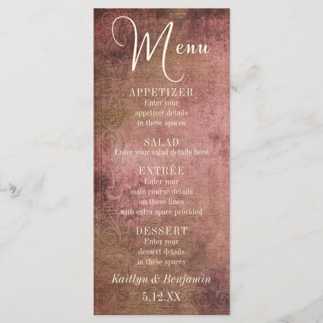 Menu Rustic Pink & Burlap Casamento vintage (Frente)