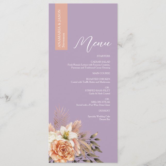 Menu Rustic Purple Floral Weding com Nome (Frente)