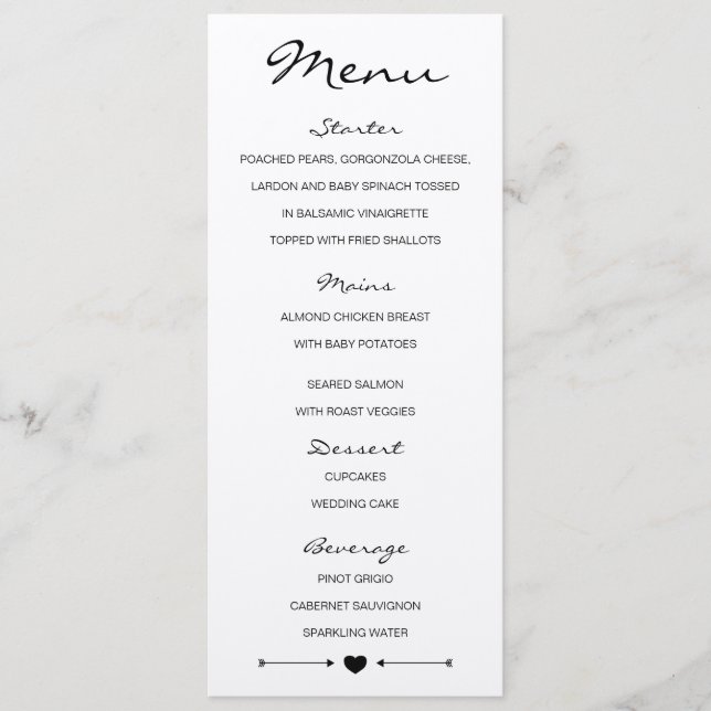 Menu Rustic Romantic Wedding com coração e setas (Frente)